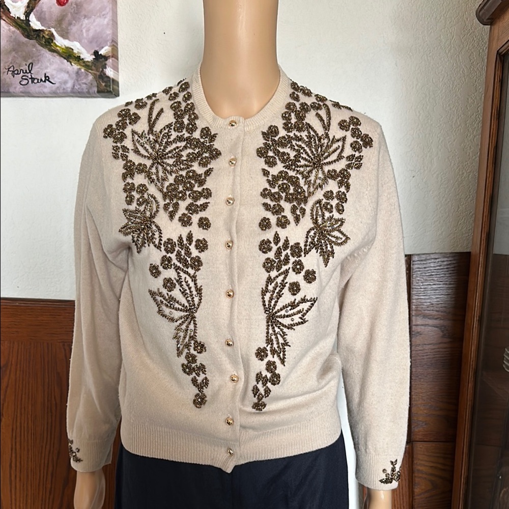 Vintage A.A.Annexe Tan Beaded Cardigan Sweater
